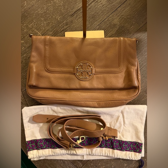 Tory Burch Brown Leather Reva Clutch Crossbody Bag w/ Strap